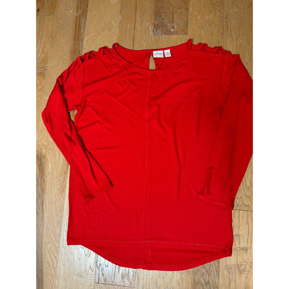 Chico's Zenergy Women Size 1 Small Orange Lace Shoulder Rayon Spandex Tunic Top